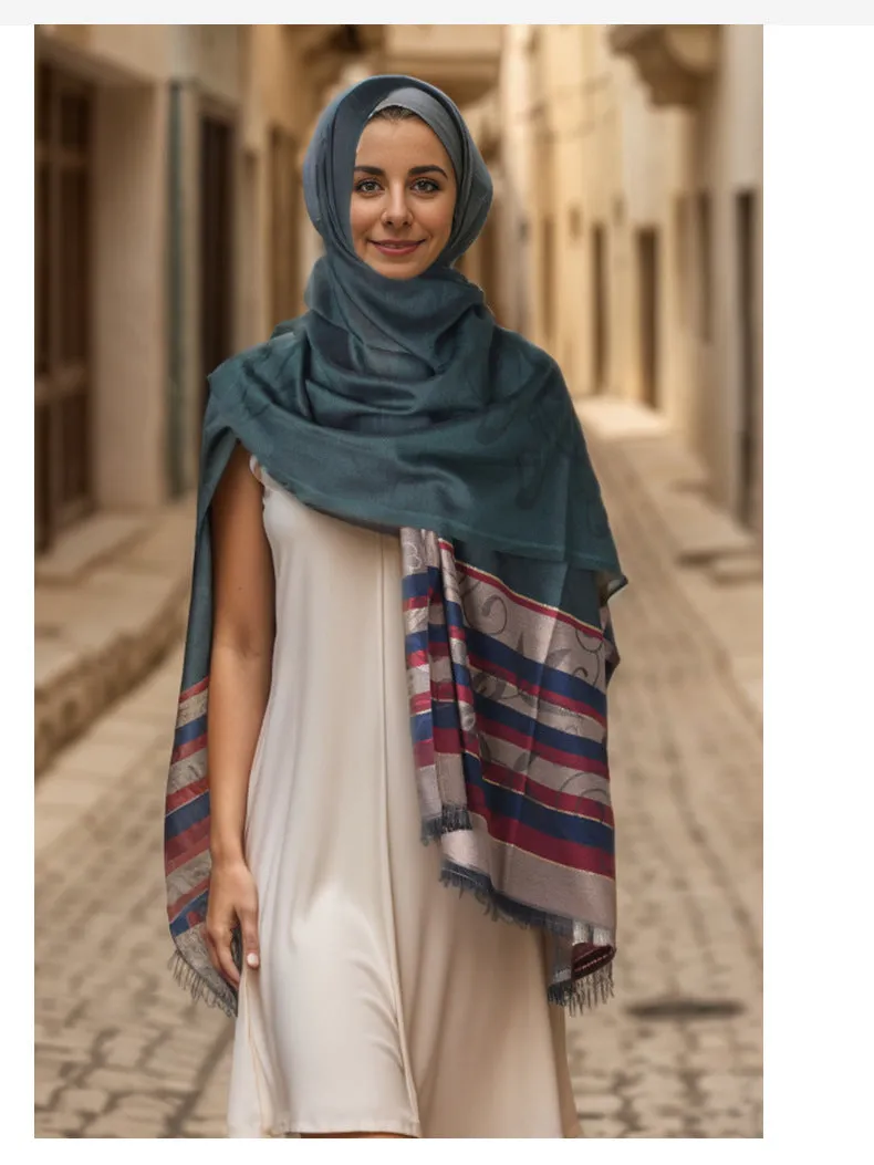 03-9  Striped scarf ethnic style Iranian Turkish headscarf multifunctional sunscreen silk scarf large square scarf plain hijab  printed hijab  hijab/tudung  printed scarf