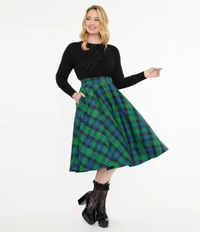 1950's Green & Blue Winter Check Swing Skirt