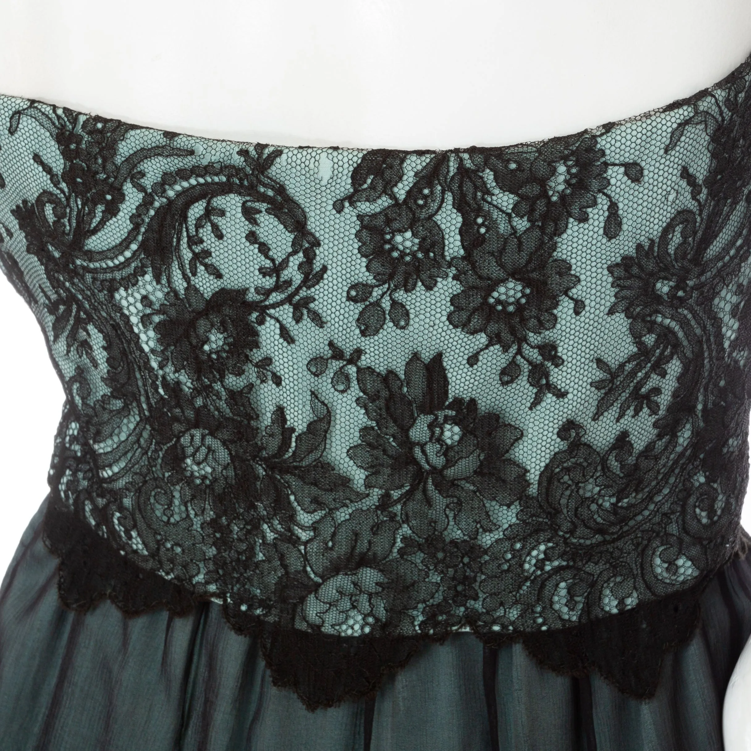 1960s Haute Couture Teal and Black Lace Chiffon Cowl Neck Dress