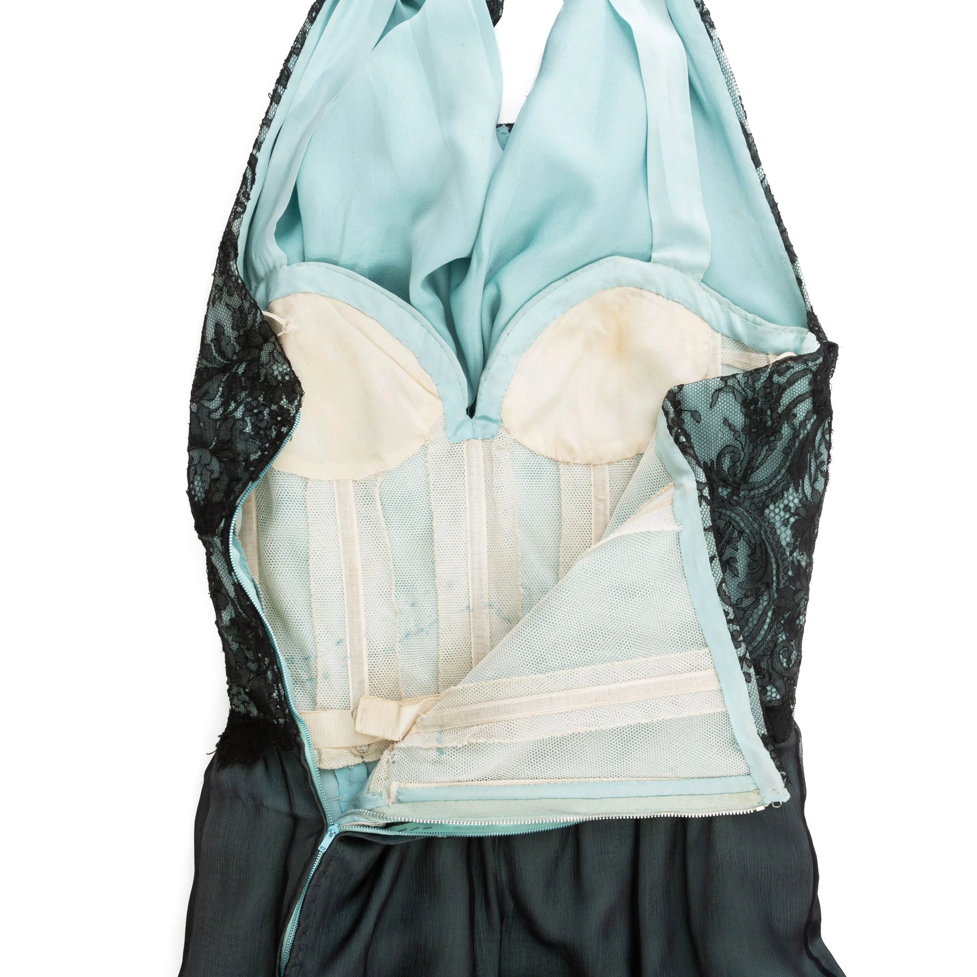 1960s Haute Couture Teal and Black Lace Chiffon Cowl Neck Dress