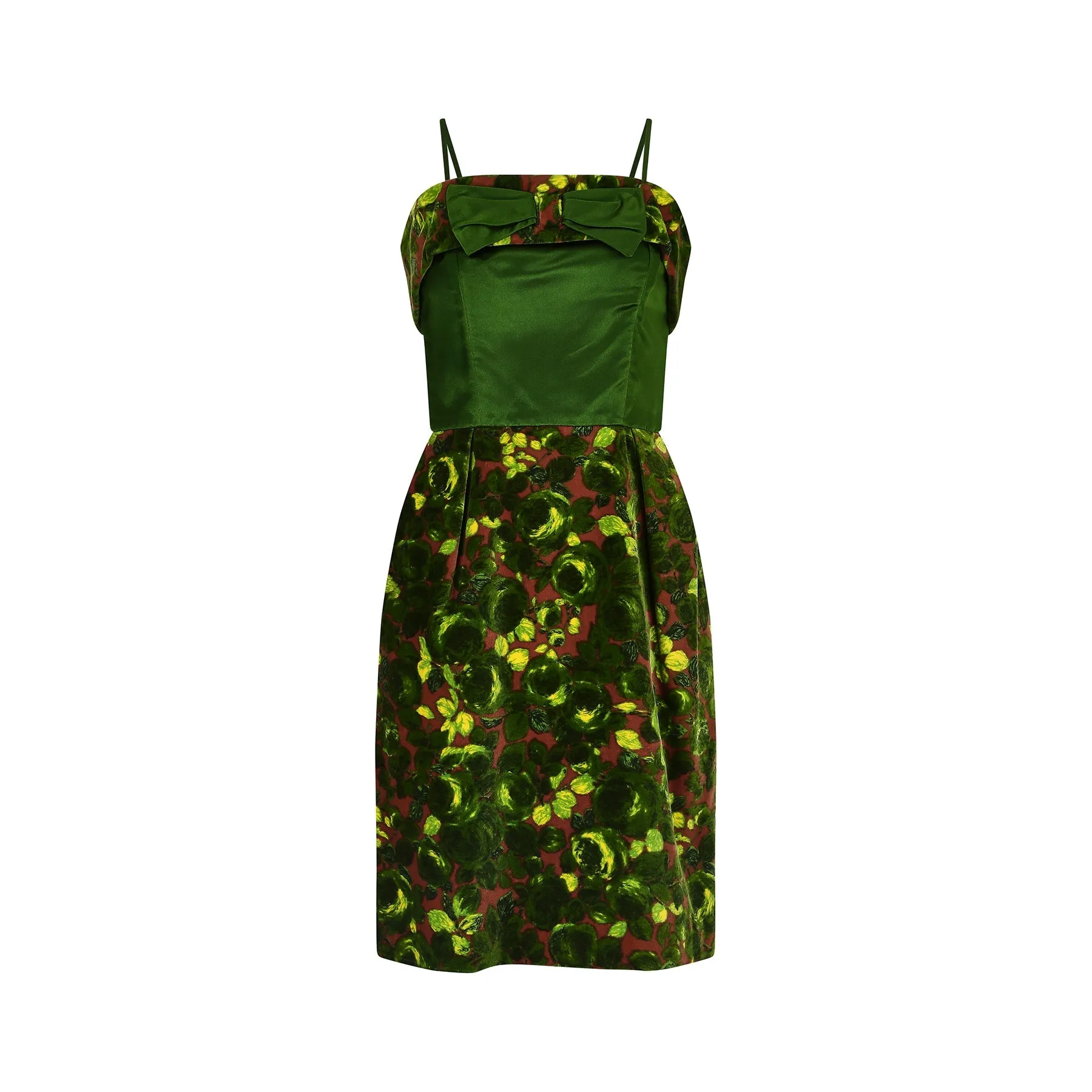 1960s Velvet and Green Satin Rose Print Dress