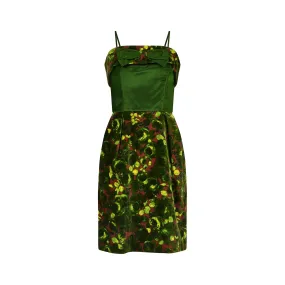 1960s Velvet and Green Satin Rose Print Dress