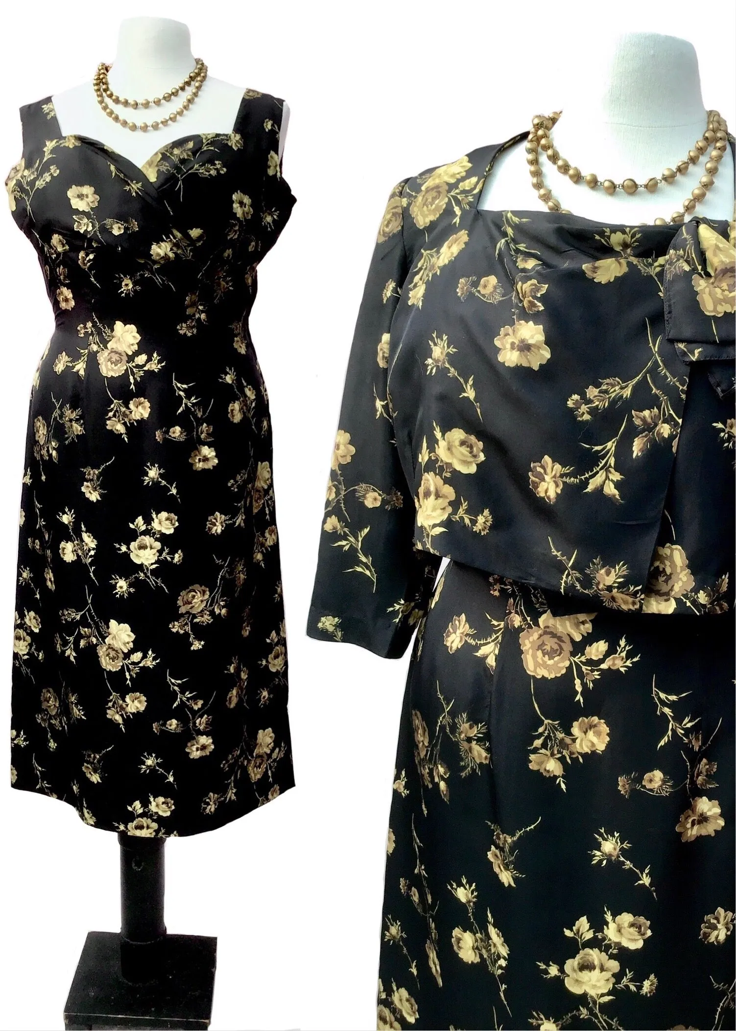 1960s Vintage Frederick Starke Black Floral Silk Dress Set with Box Jacket