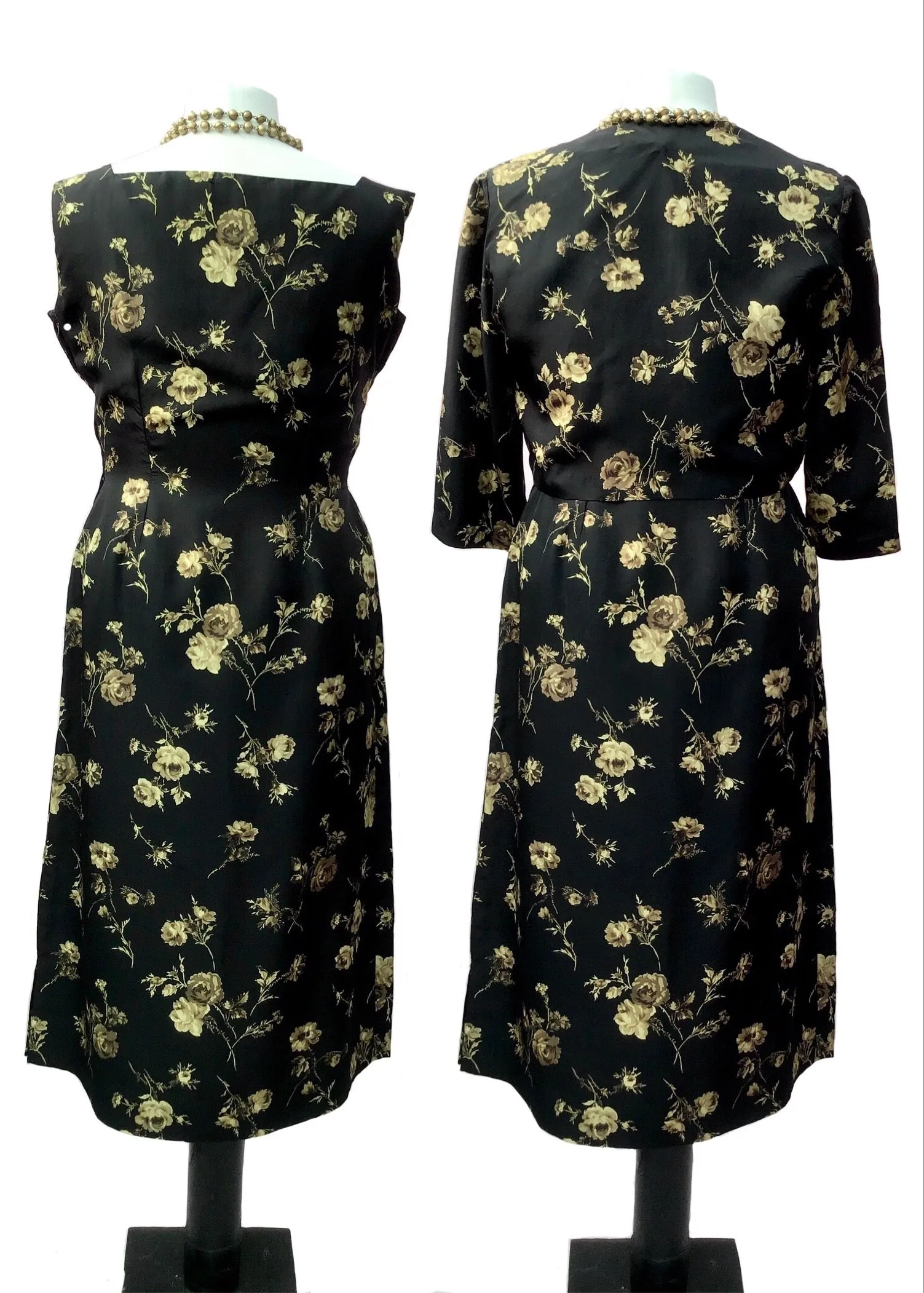 1960s Vintage Frederick Starke Black Floral Silk Dress Set with Box Jacket