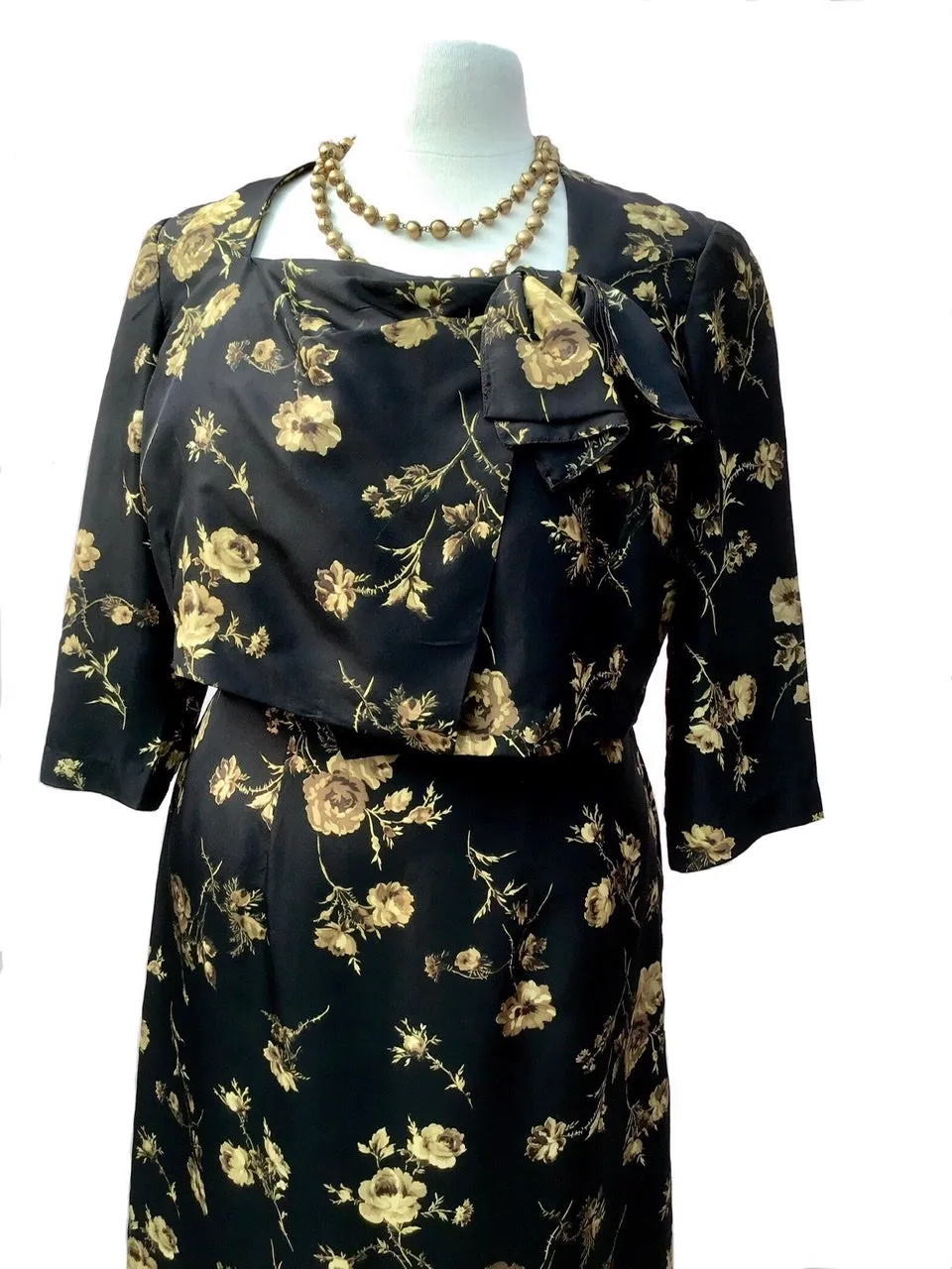 1960s Vintage Frederick Starke Black Floral Silk Dress Set with Box Jacket