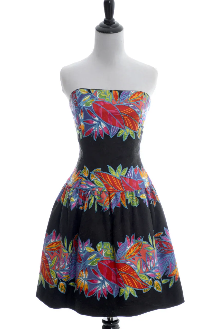 1980's A J Bari Vintage Strapless Tropical Floral Print Dress