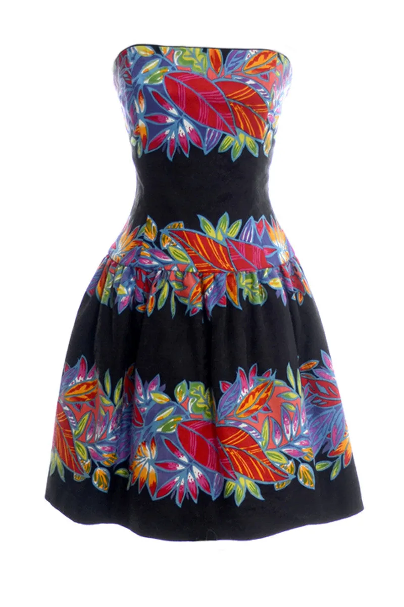 1980's A J Bari Vintage Strapless Tropical Floral Print Dress