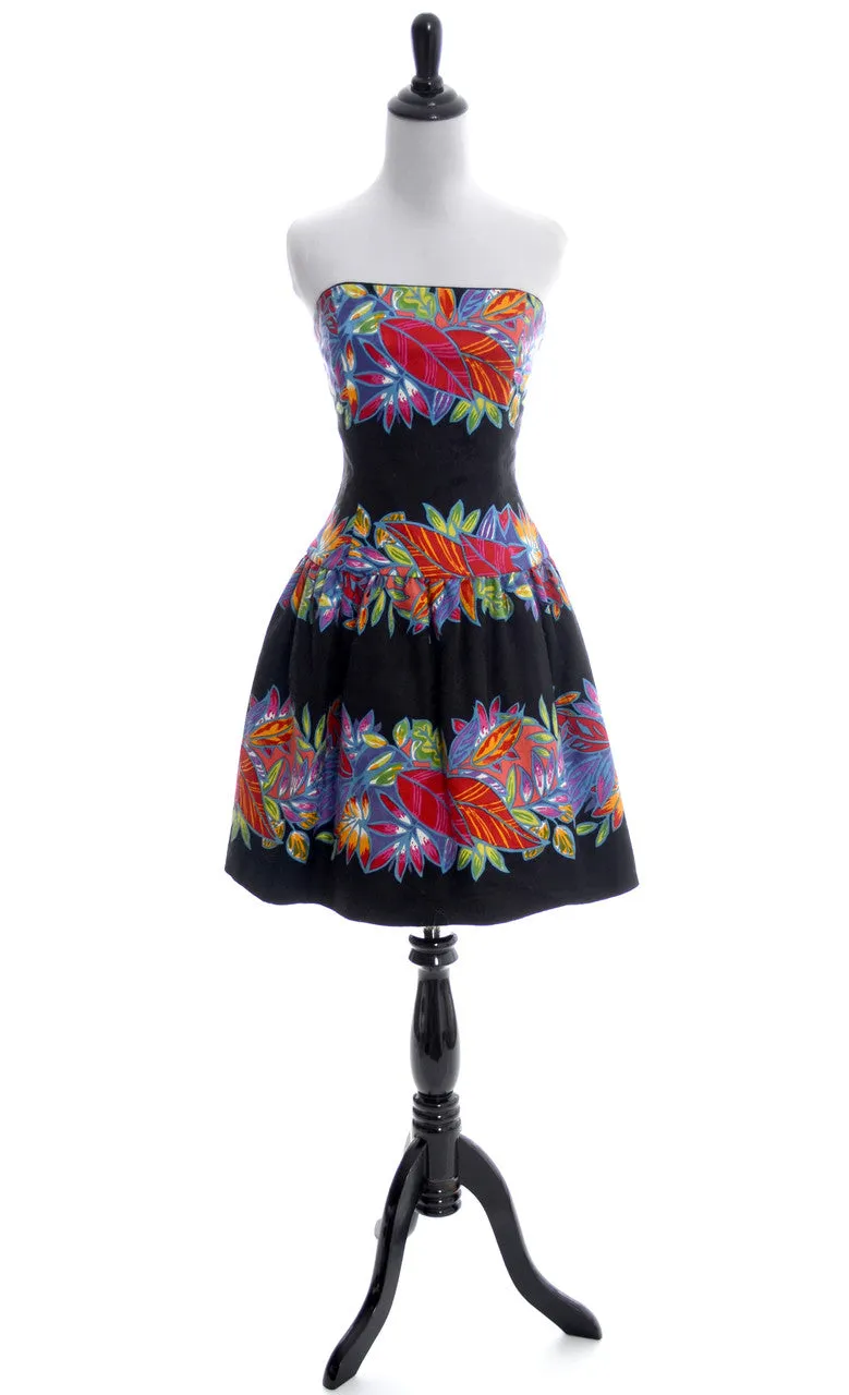 1980's A J Bari Vintage Strapless Tropical Floral Print Dress