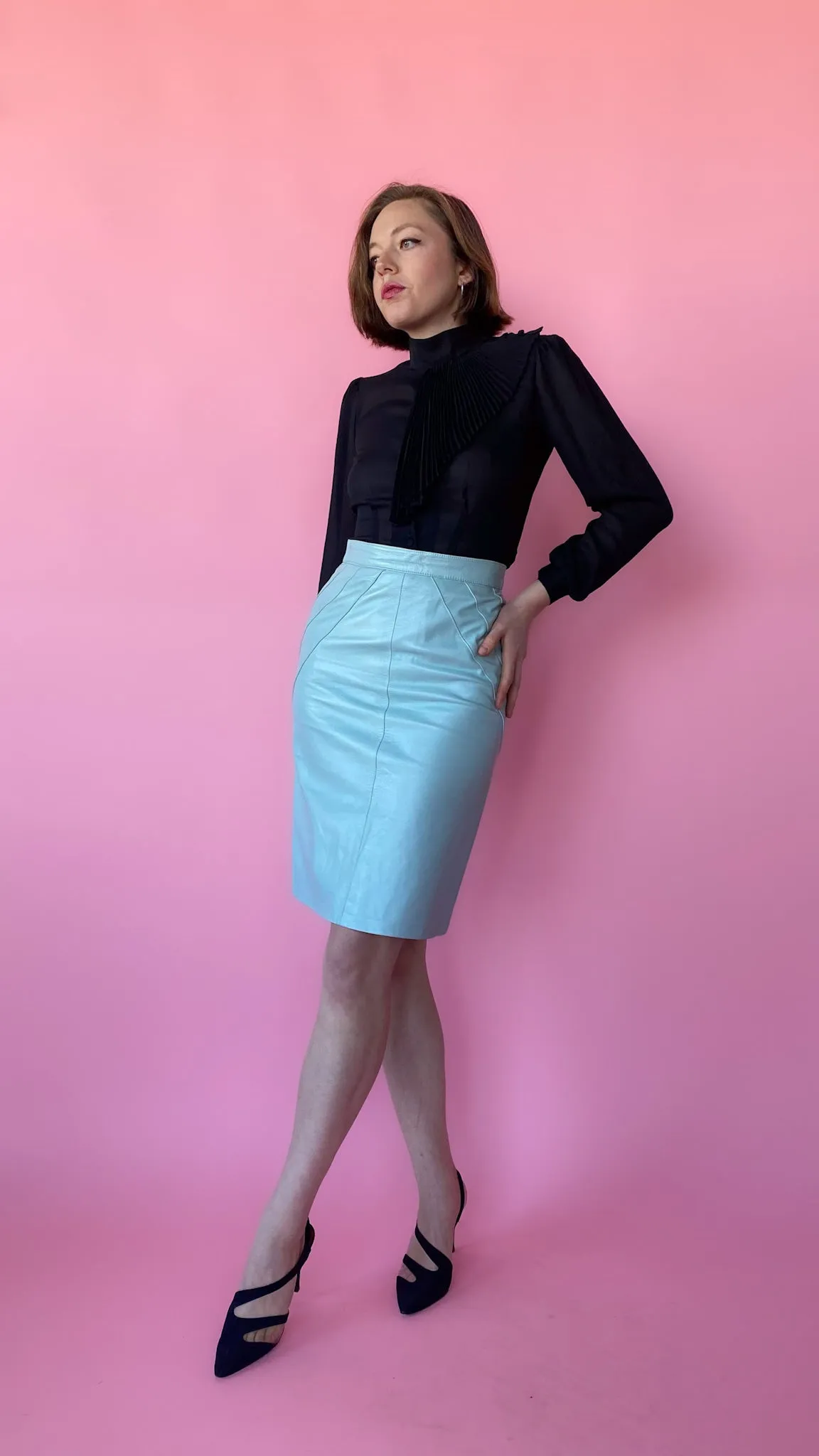 1980s Powder Blue Leather Skirt, sz. S