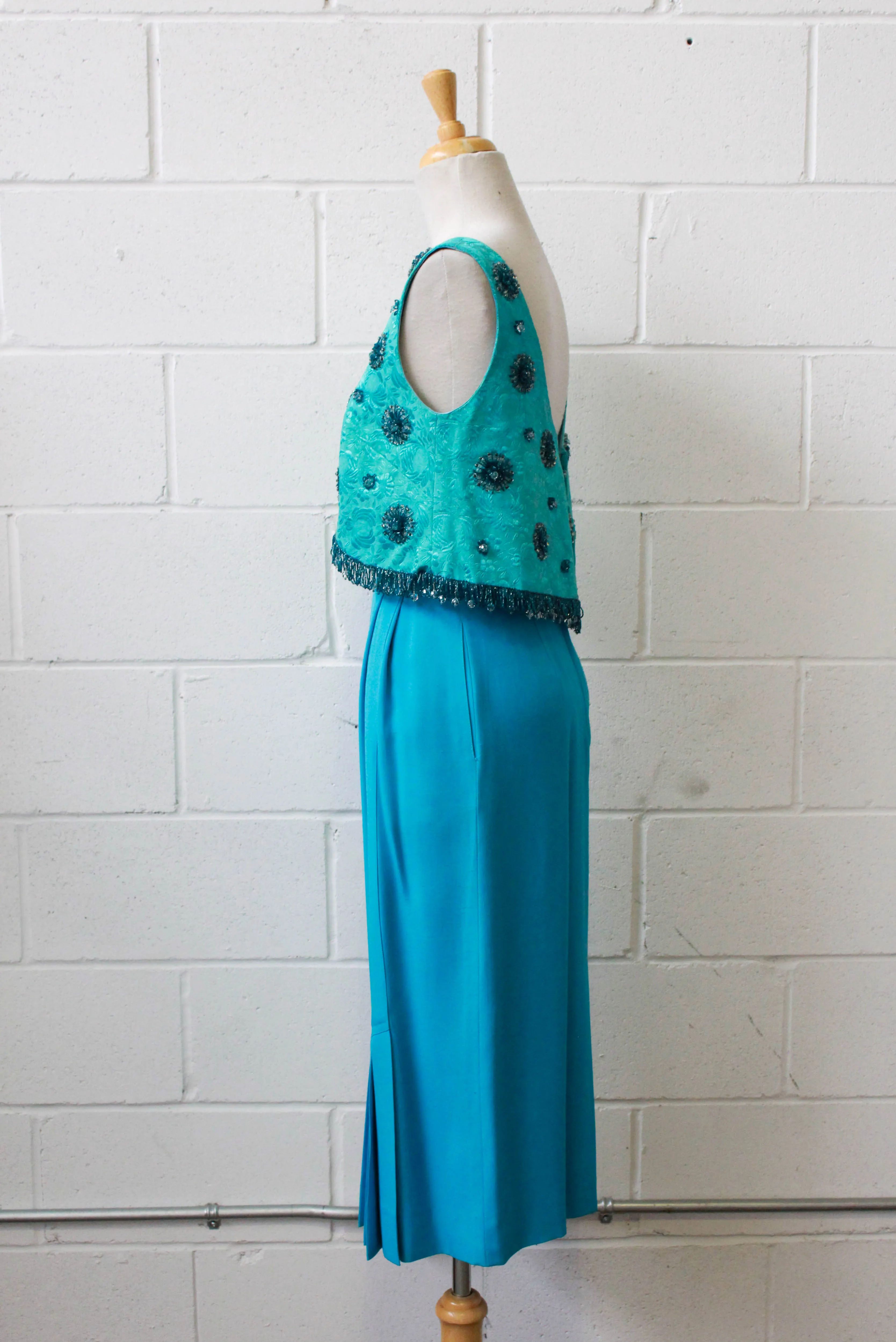 1980s Turquoise Pencil Skirt with Pleat Detail, Waist 26"