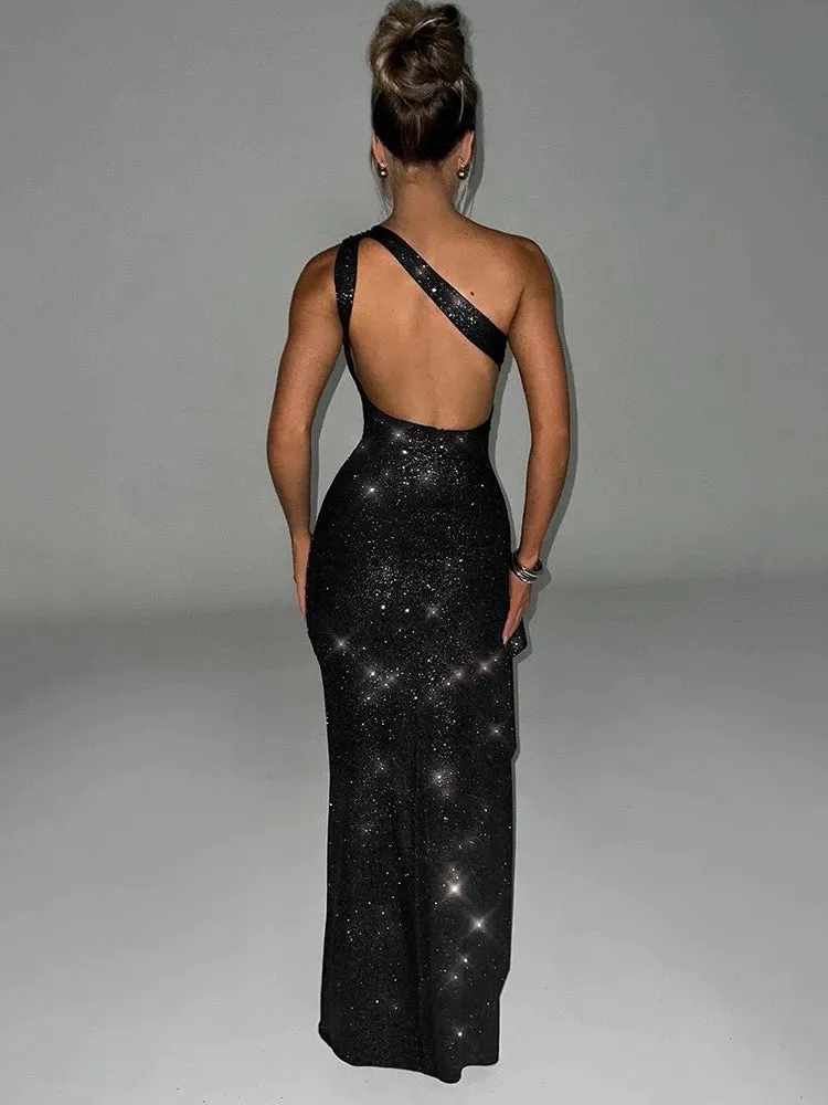 A&A One Shoulder High Split Glitter Backless Maxi Dress