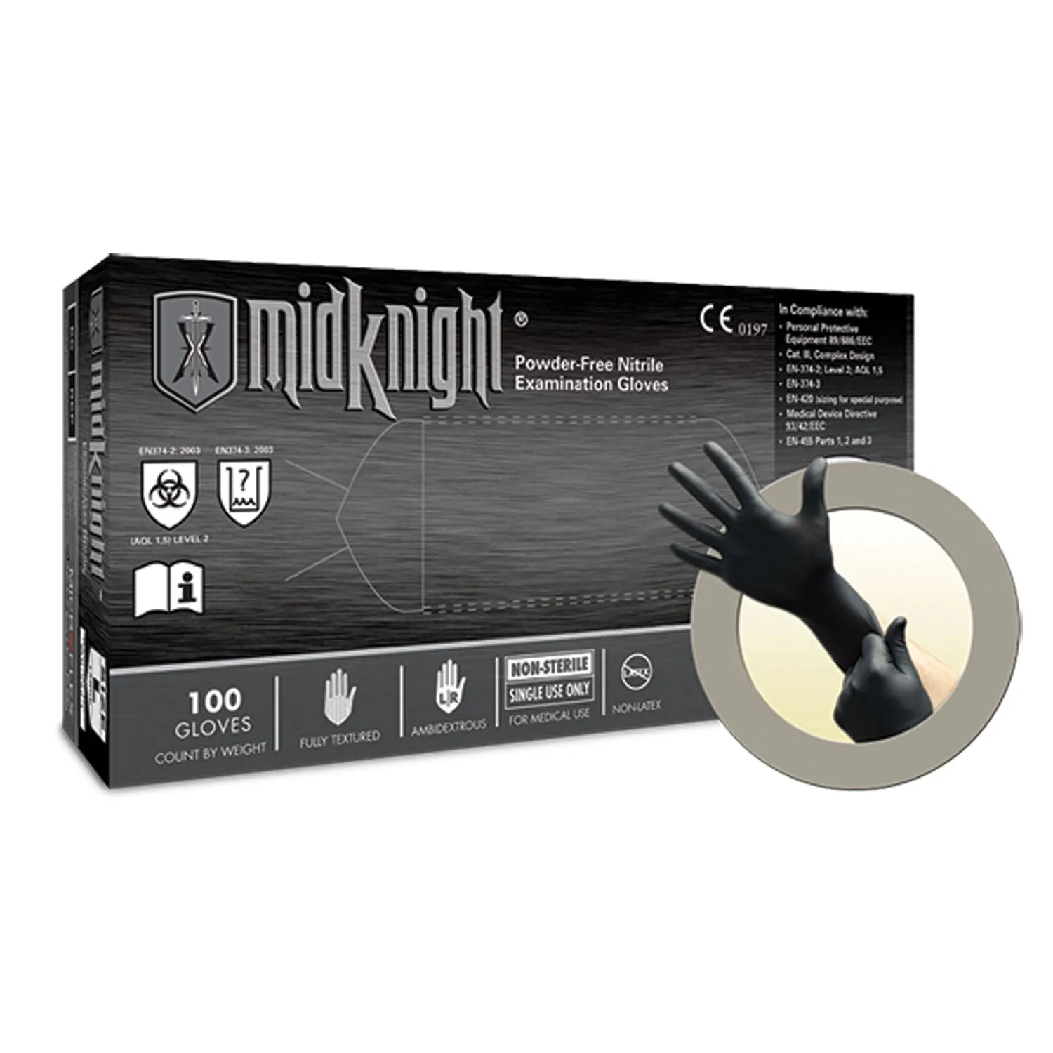 Ansell Microflex Midknight Powder-Free Nitrile Exam Gloves Glove Exam Nitrile Midknightpf Lg 100/Bx 10Bx/Cs