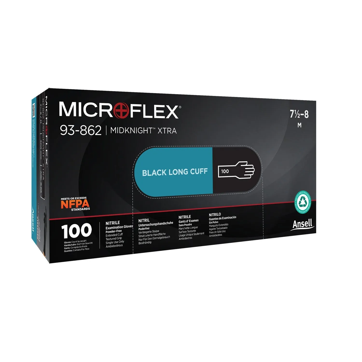 Ansell Microflex Midknight Powder-Free Nitrile Exam Gloves Glove Lab Nitirle Pf Blk Md100/Bx 10Bx/Cs