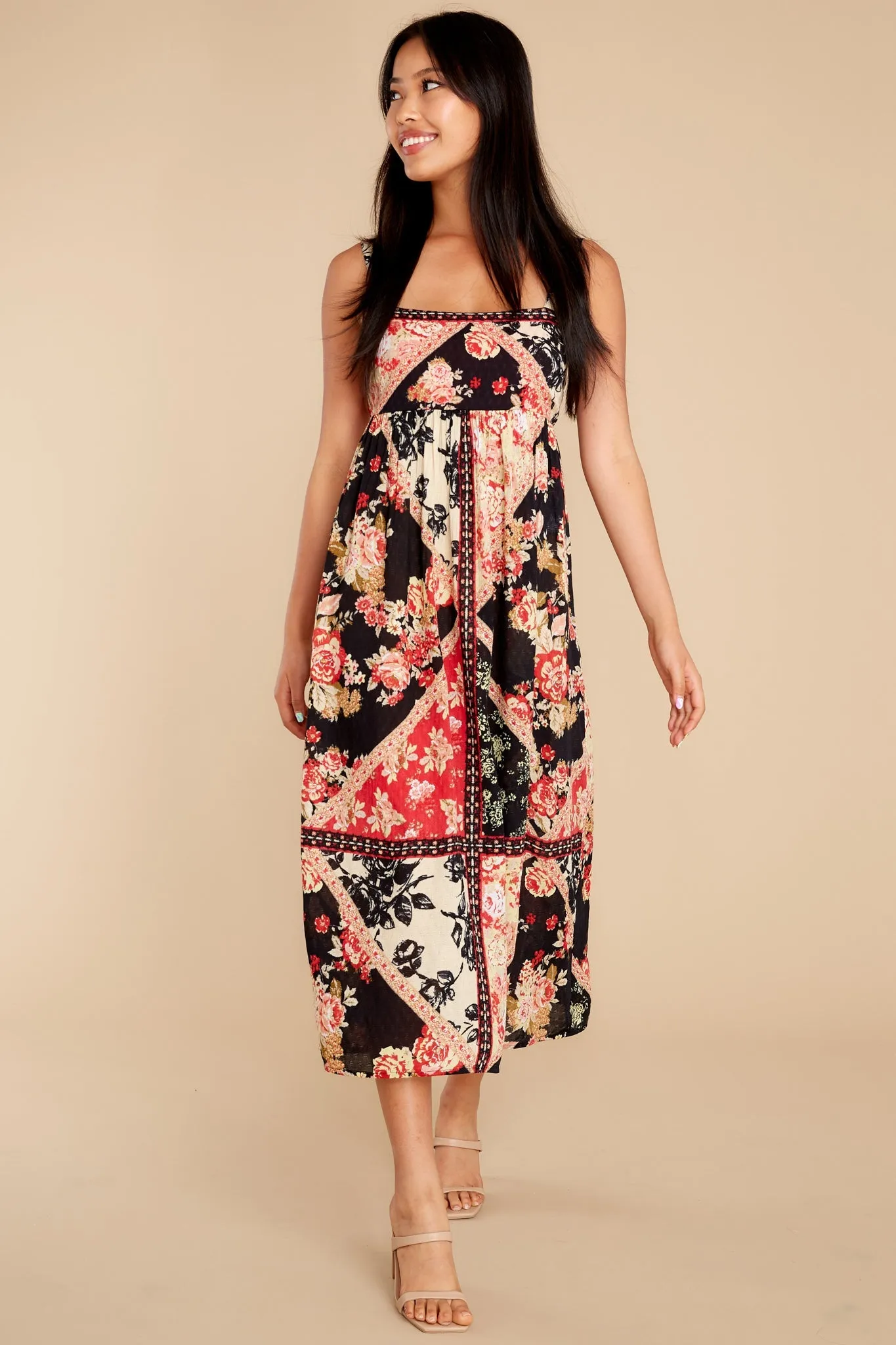 Anthem Of The Sun Black And Spiced Coral Floral Smock Maxi Dress