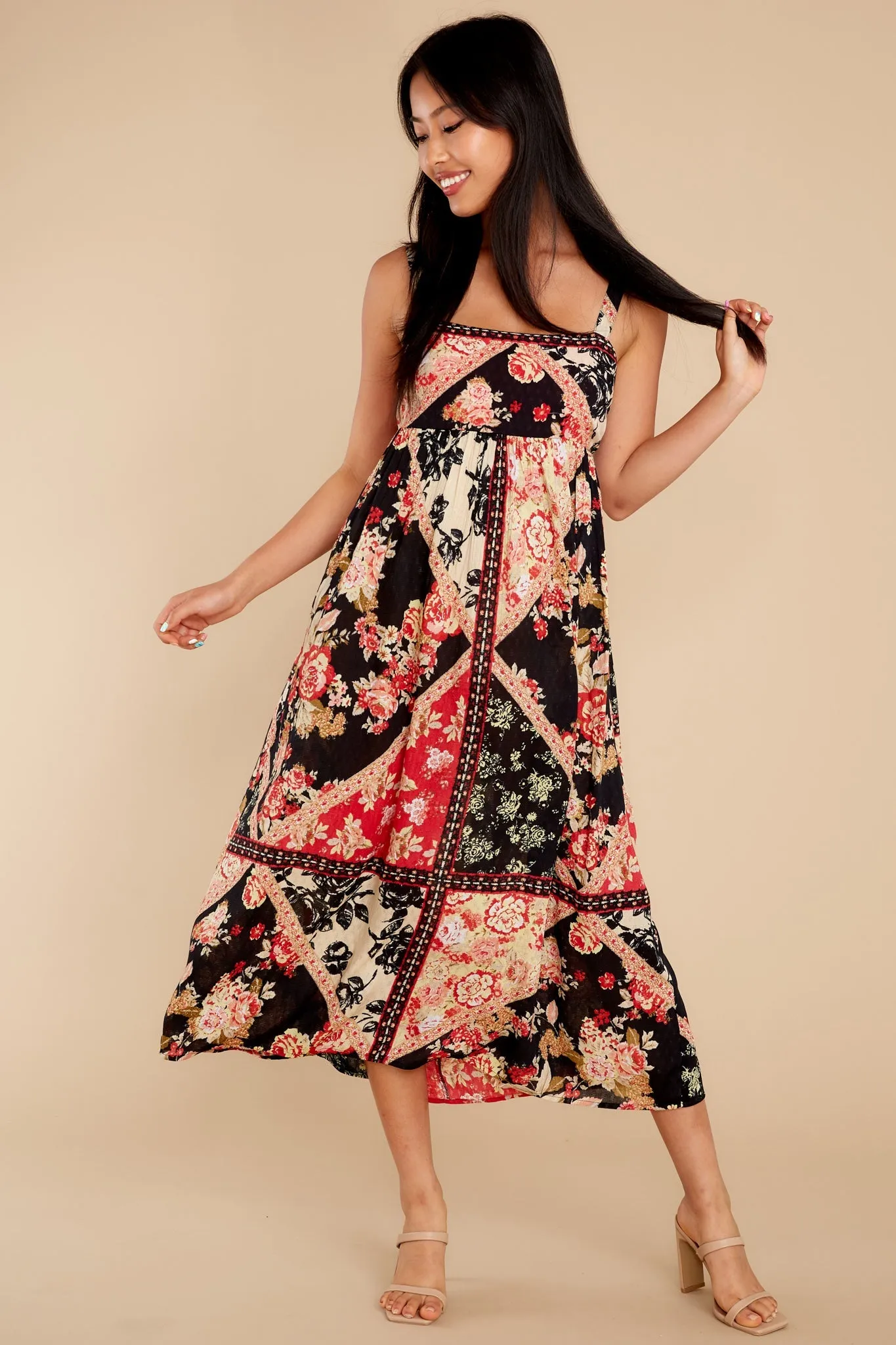 Anthem Of The Sun Black And Spiced Coral Floral Smock Maxi Dress