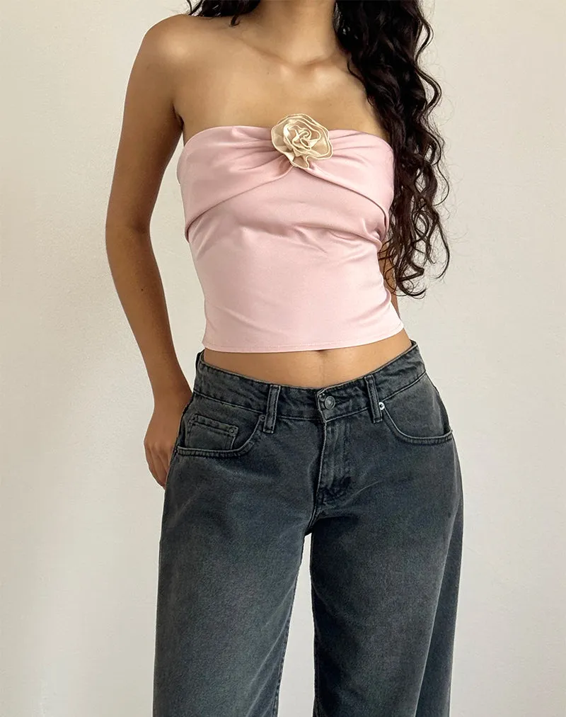 Astrum Satin Bandeau Top in Pink with Ivory Rose