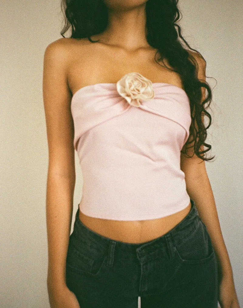 Astrum Satin Bandeau Top in Pink with Ivory Rose