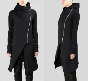 Asymmetric Front Cut Zip Closure/Overlong Rib Sleeve Hoodie -BB121