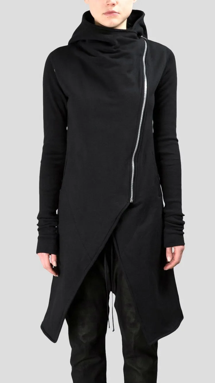 Asymmetric Front Cut Zip Closure/Overlong Rib Sleeve Hoodie -BB121