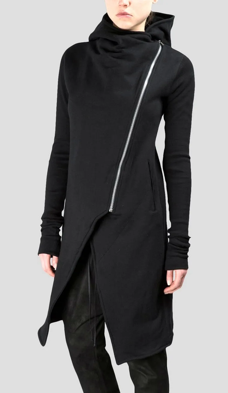 Asymmetric Front Cut Zip Closure/Overlong Rib Sleeve Hoodie -BB121