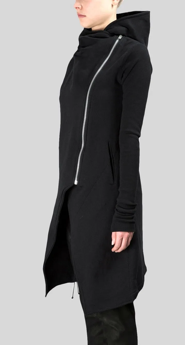 Asymmetric Front Cut Zip Closure/Overlong Rib Sleeve Hoodie -BB121