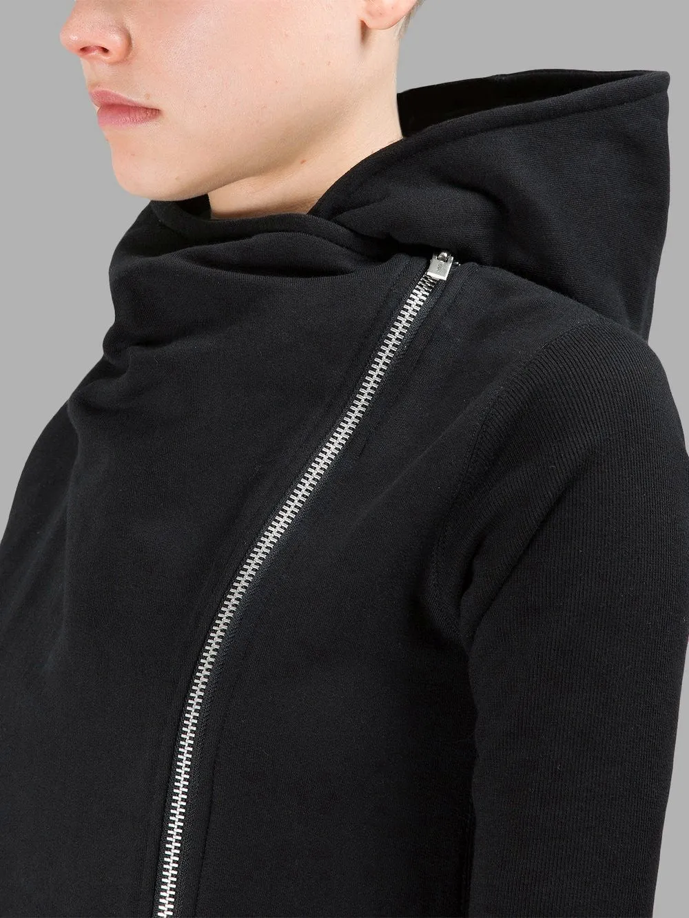 Asymmetric Front Cut Zip Closure/Overlong Rib Sleeve Hoodie -BB121