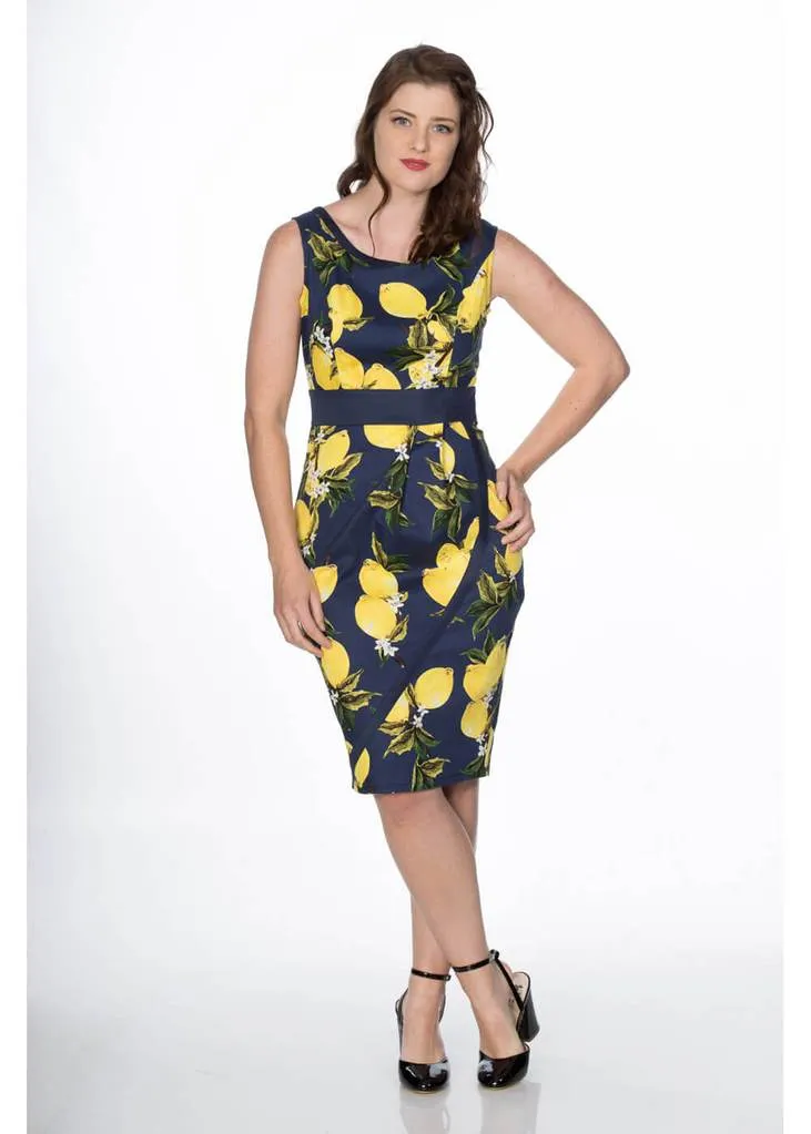 Banned Lemon 50's Pencil Dress Navy