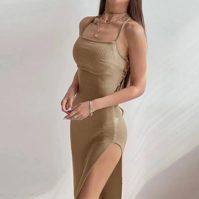 Beach Sexy Backless Bodycon Bandage Slip Midi Dress for Women Summer Wrap Slim Spaghetti Strap Dresses