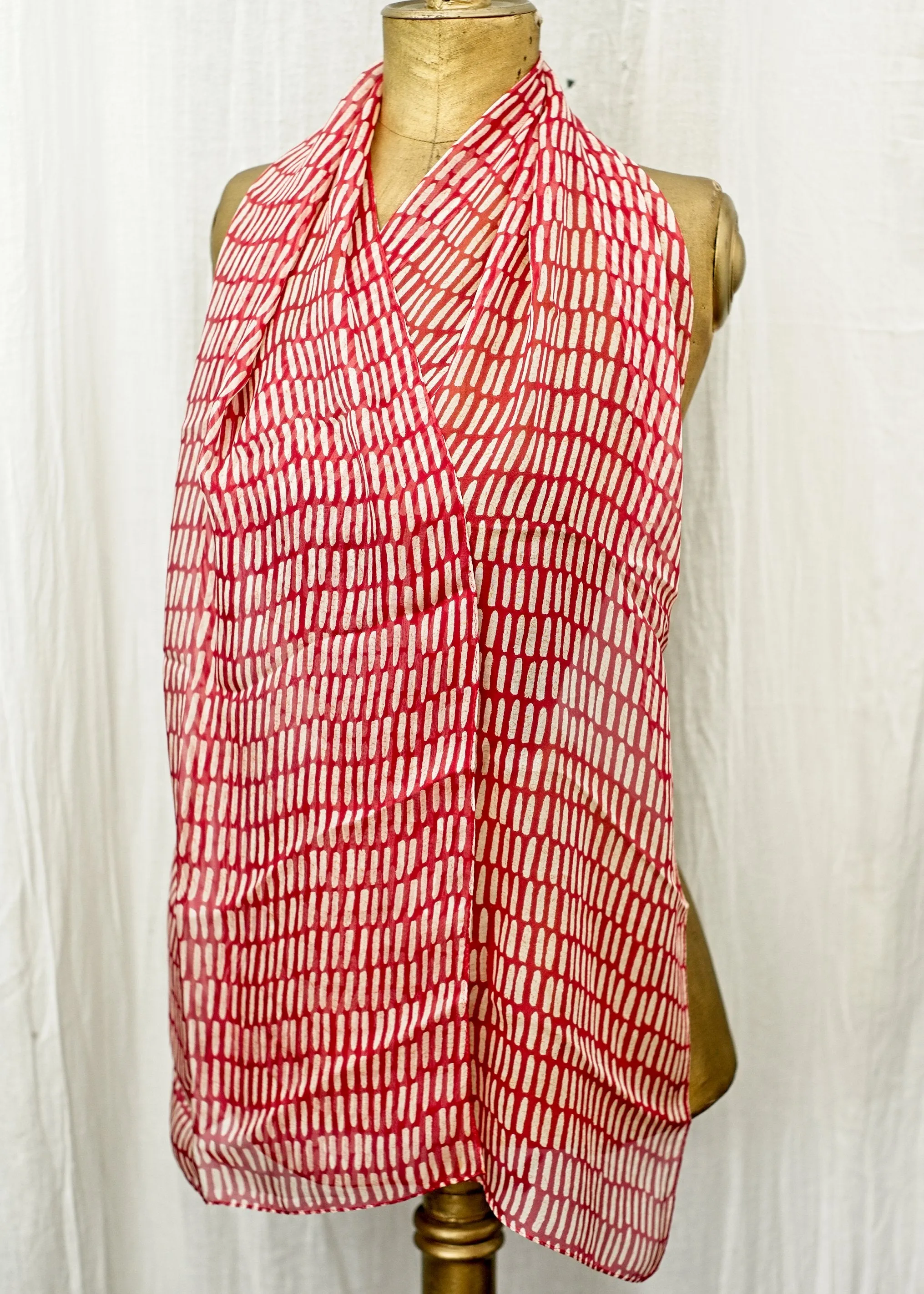 Beautiful Red and White Long Silk Chiffon Scarf