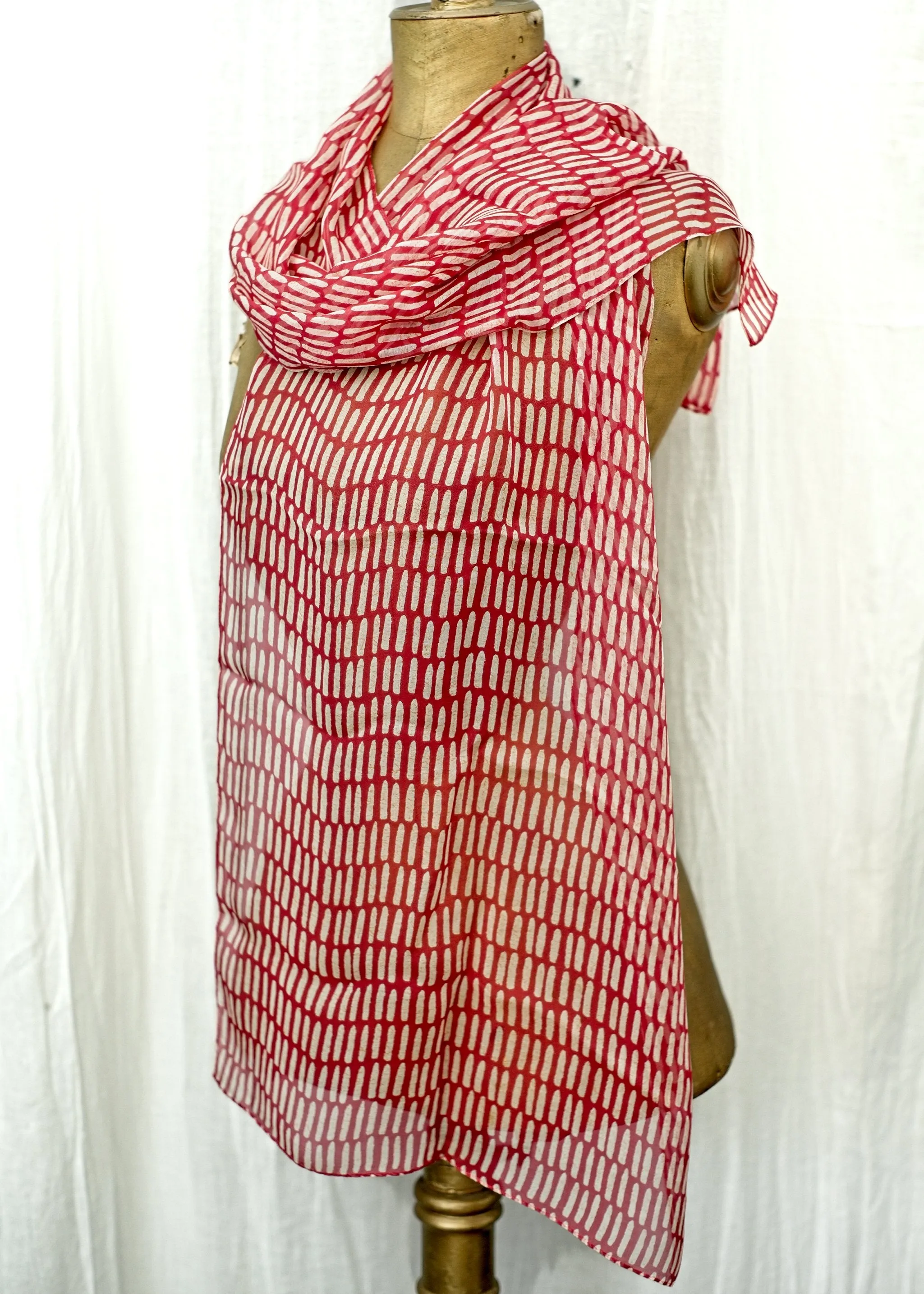 Beautiful Red and White Long Silk Chiffon Scarf