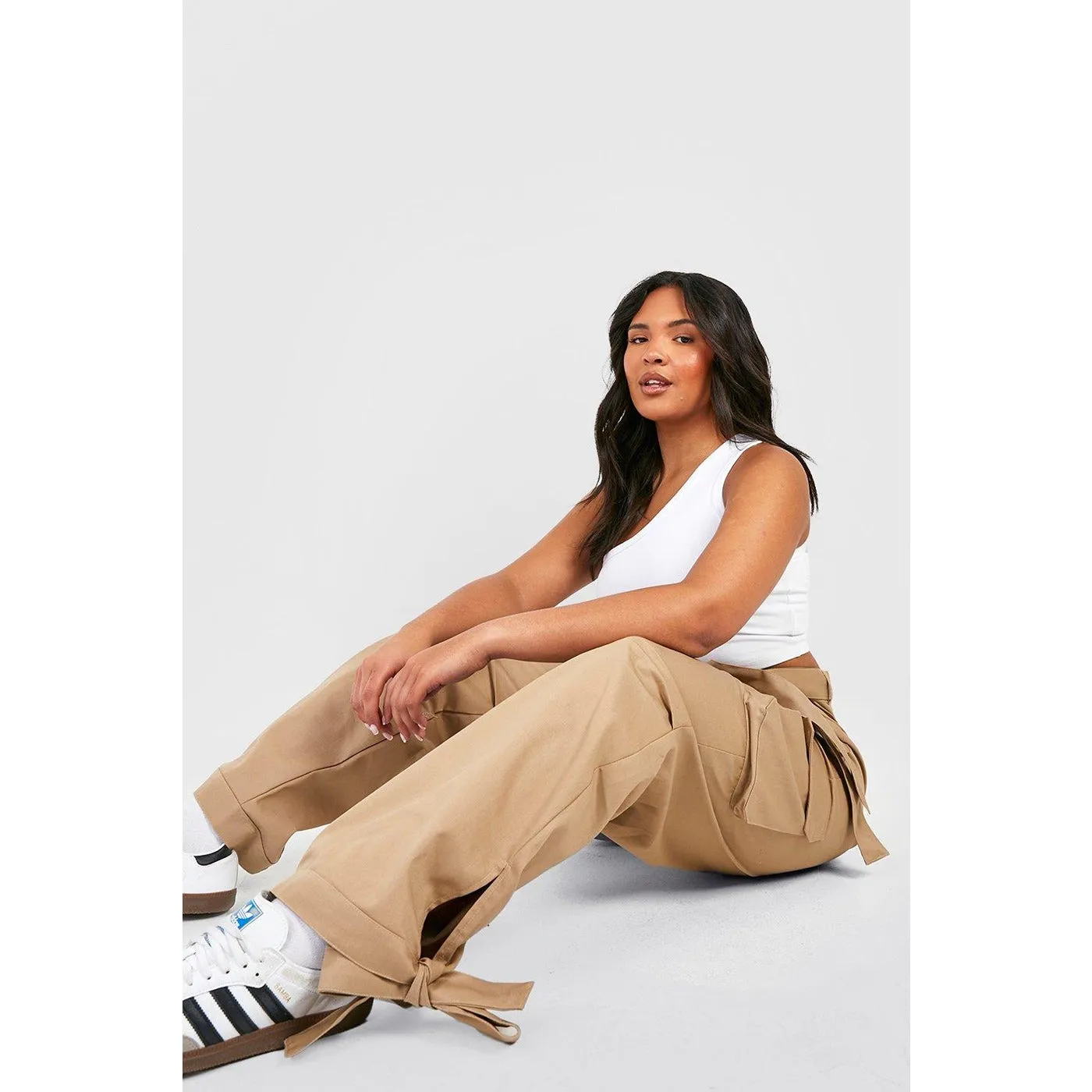 Beige Ankle Tie Cargo Trousers