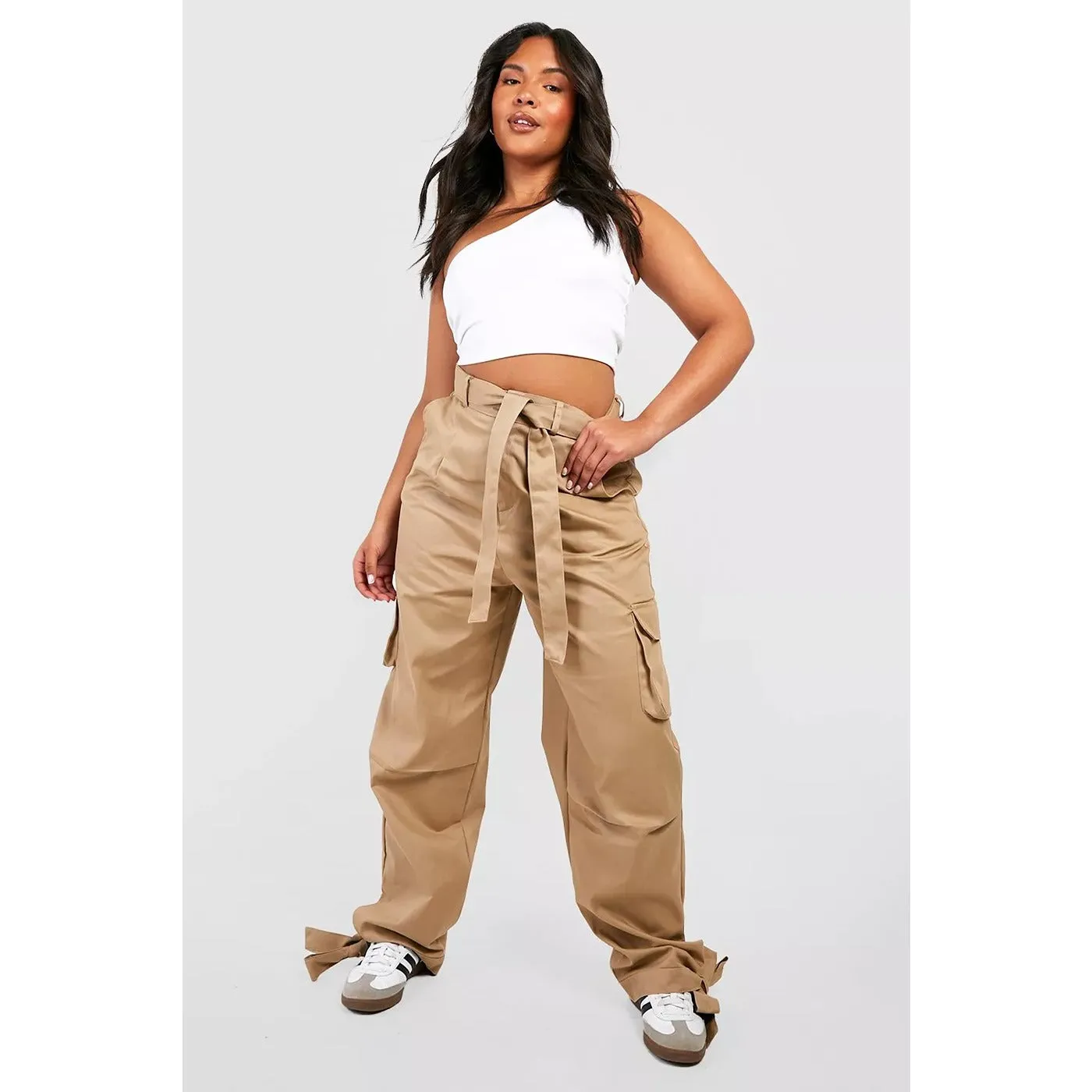 Beige Ankle Tie Cargo Trousers