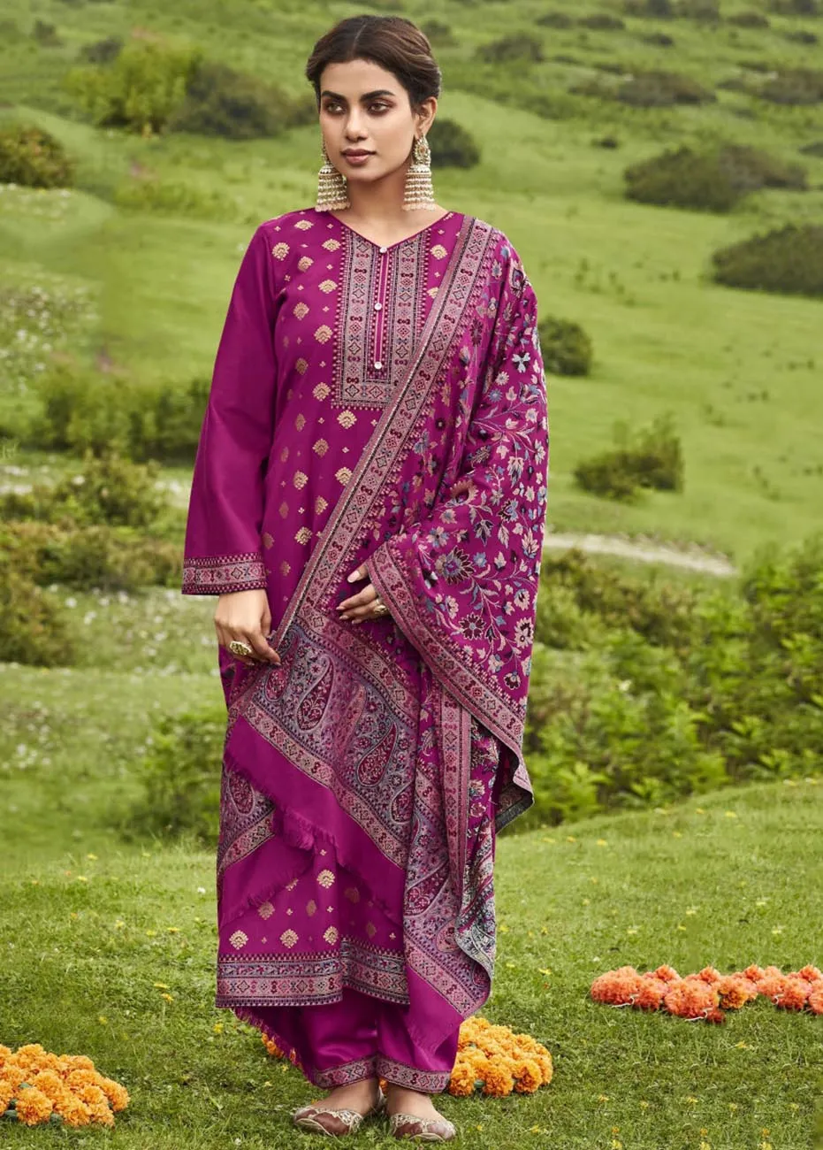 Belliza Pashmina Weaving Jacquard Pink Unstitched Winter Suit for Women