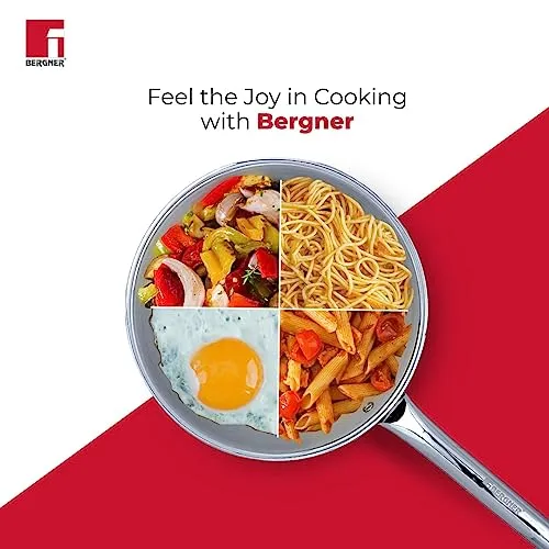 BERGNER Tripro Triply Stainless Steel Frypan/Skillet, 24 cm, 2.0 litres, Ergonomic Stay Cool Handle, Flared Rim, Efficient and Fast Heating, Induction, Gas and Metal Spatula Friendly