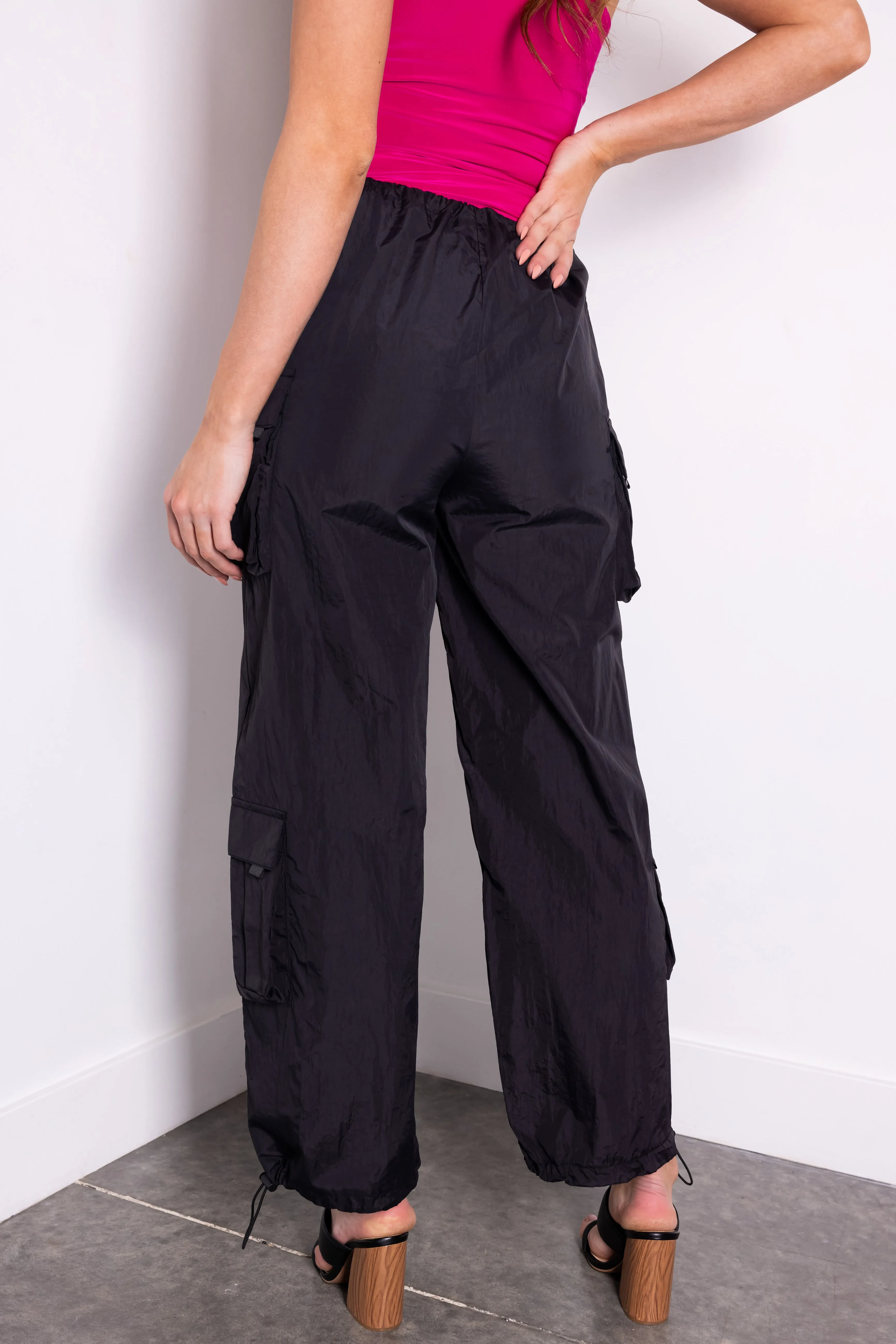 Black Drawstring Cargo Parachute Pants