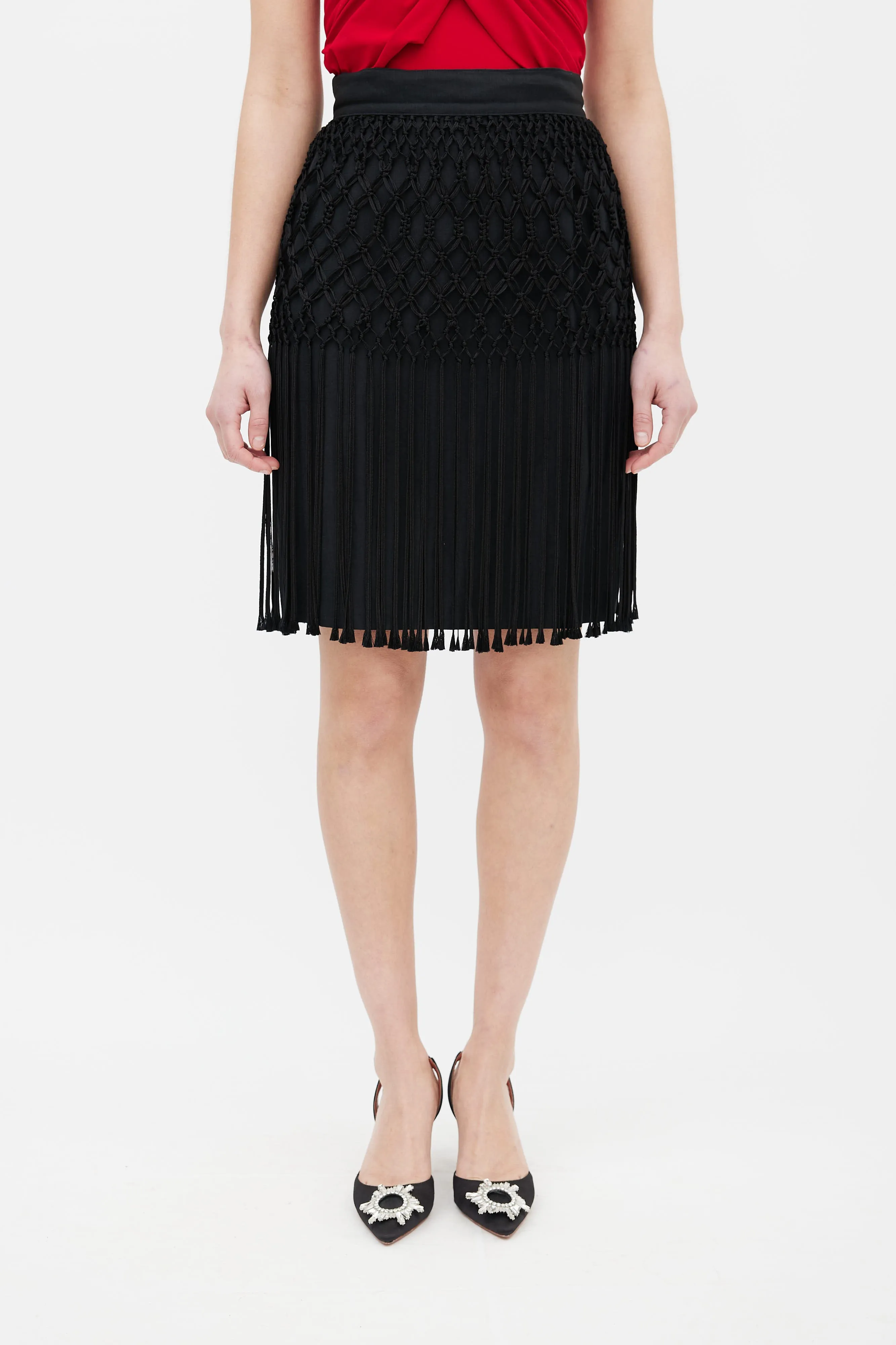 Black Macrame Tassel Pencil Skirt