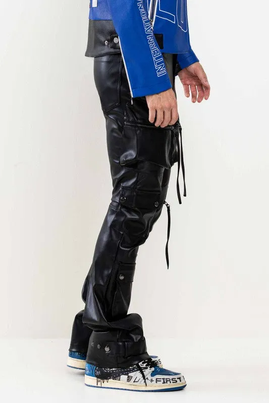 Black Premium Leather Multi Cargo Stacked Pants