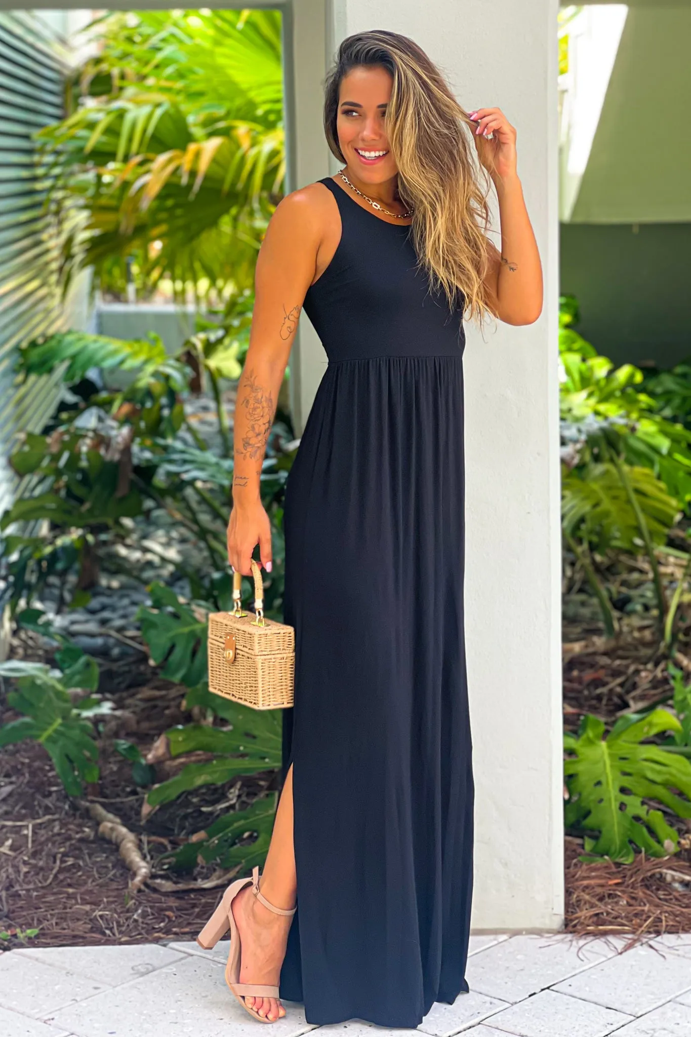 Black Racer Back Maxi Dress With Side Slit