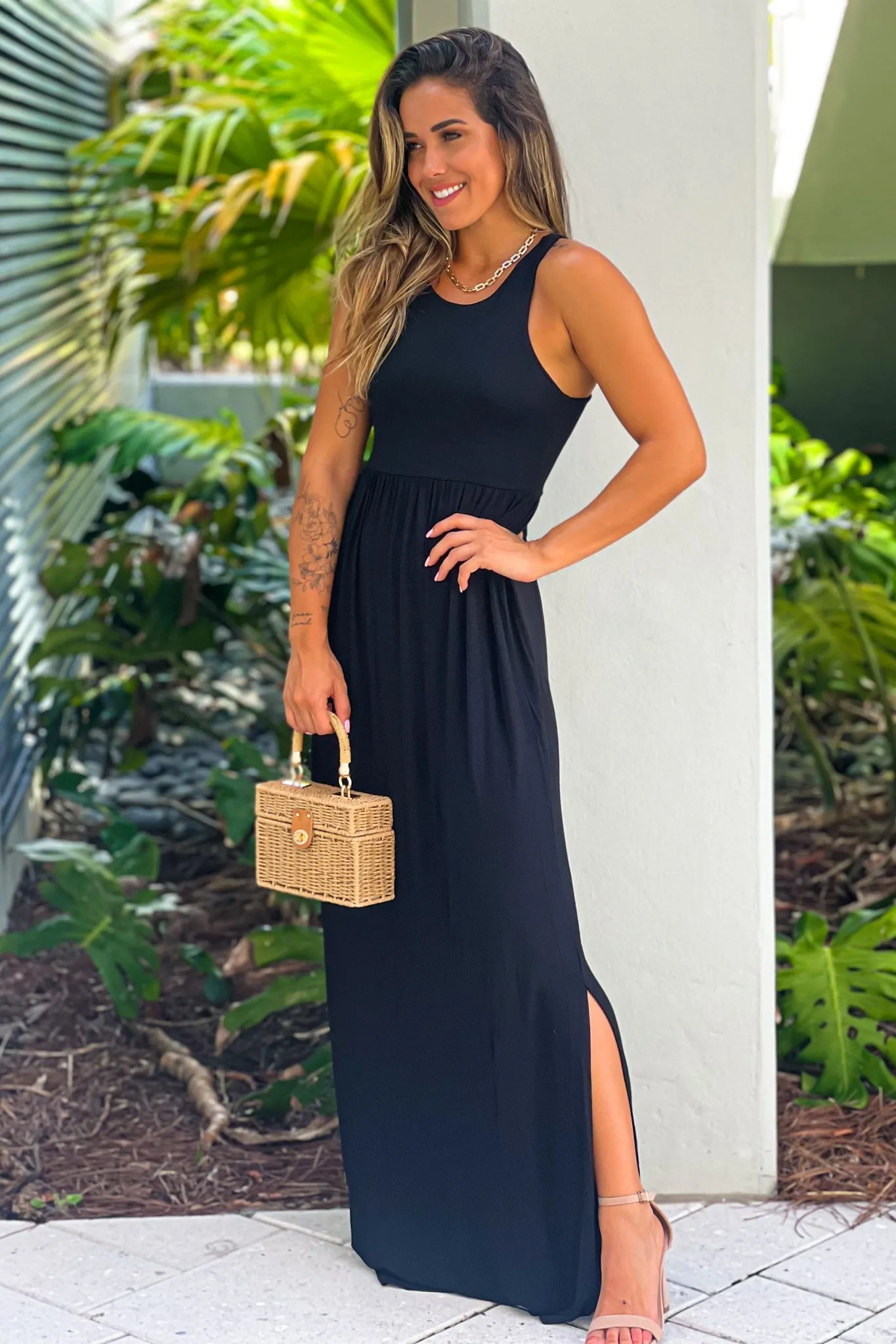 Black Racer Back Maxi Dress With Side Slit