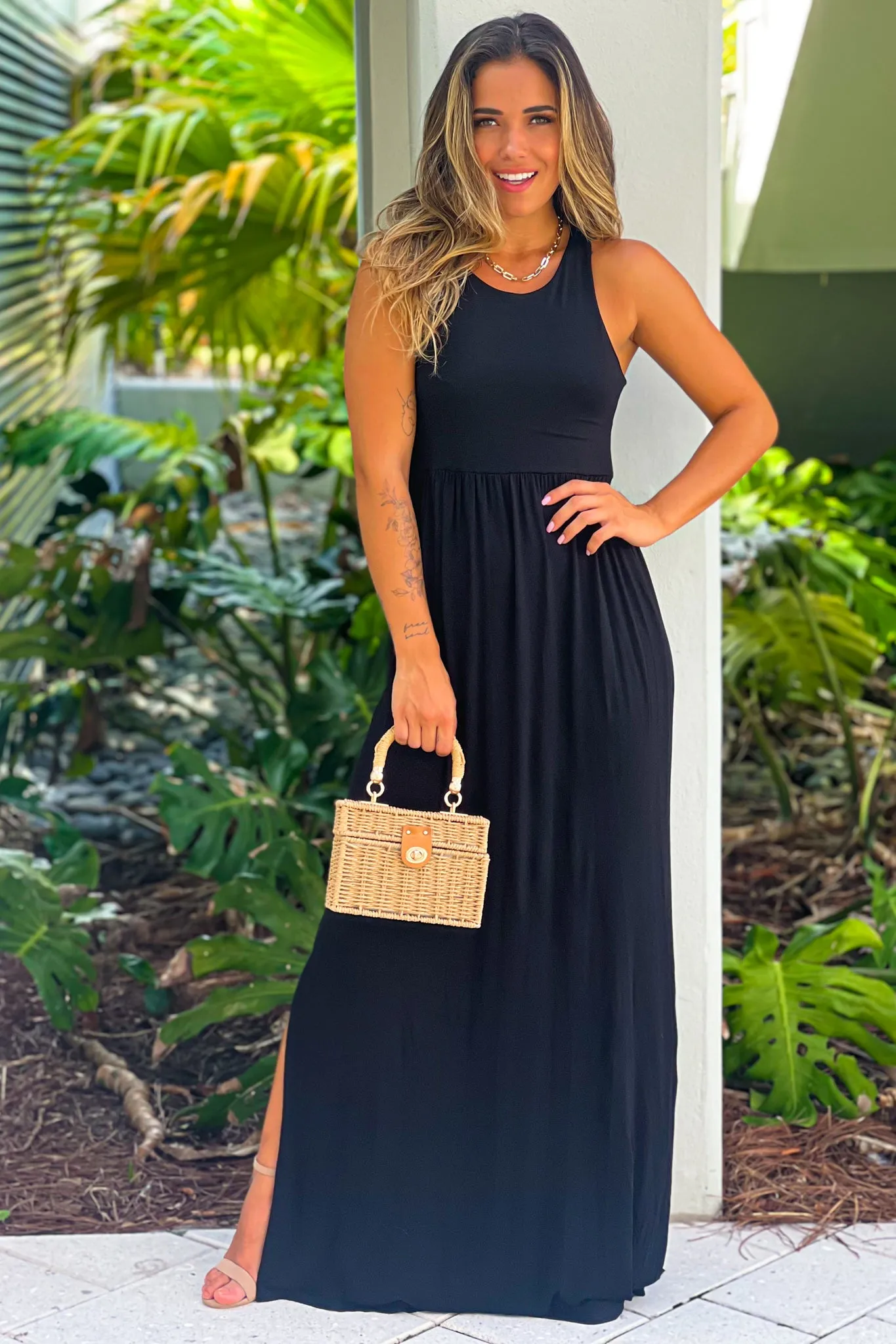 Black Racer Back Maxi Dress With Side Slit