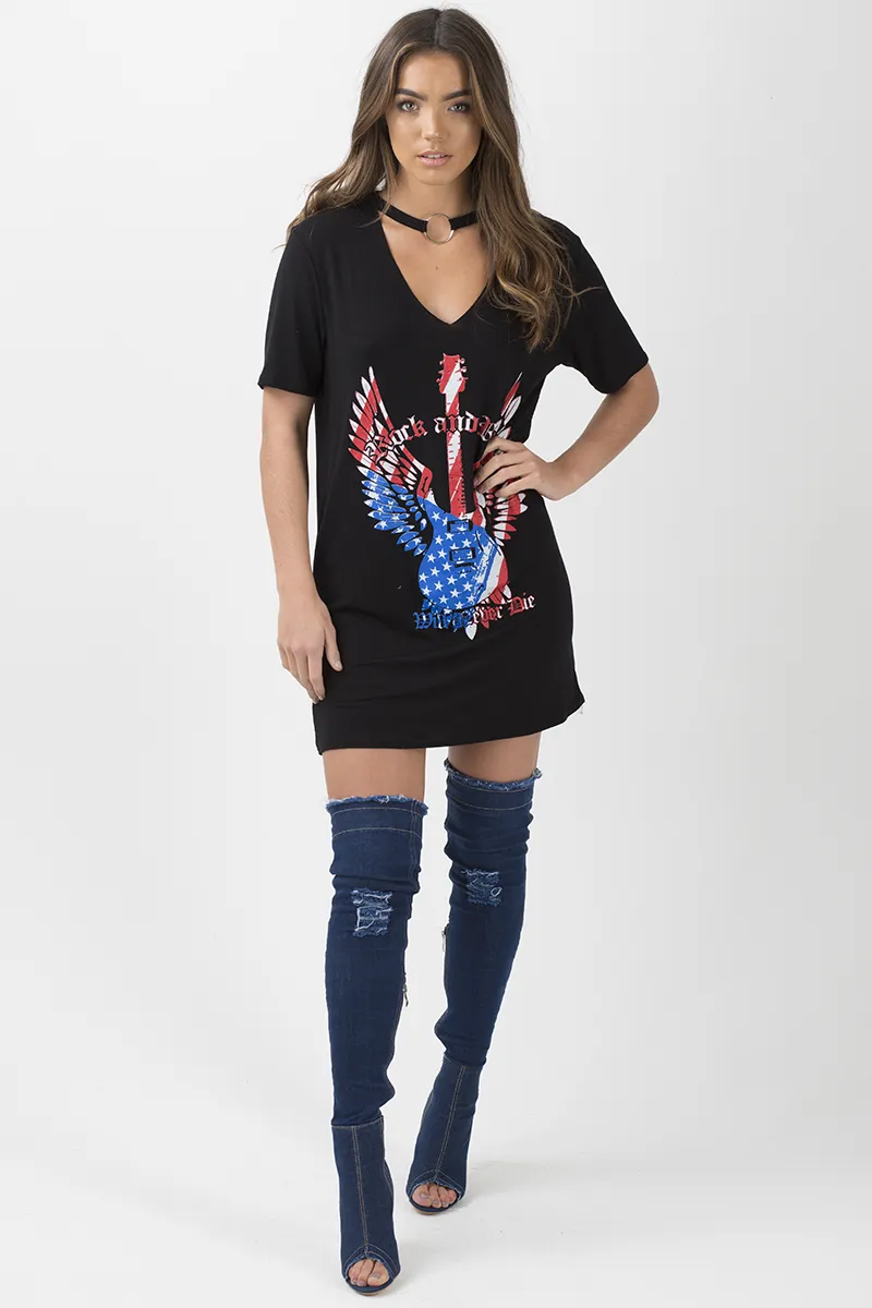 Black Ring Choker 'Rock & Roll' T-Shirt Dress - Betty