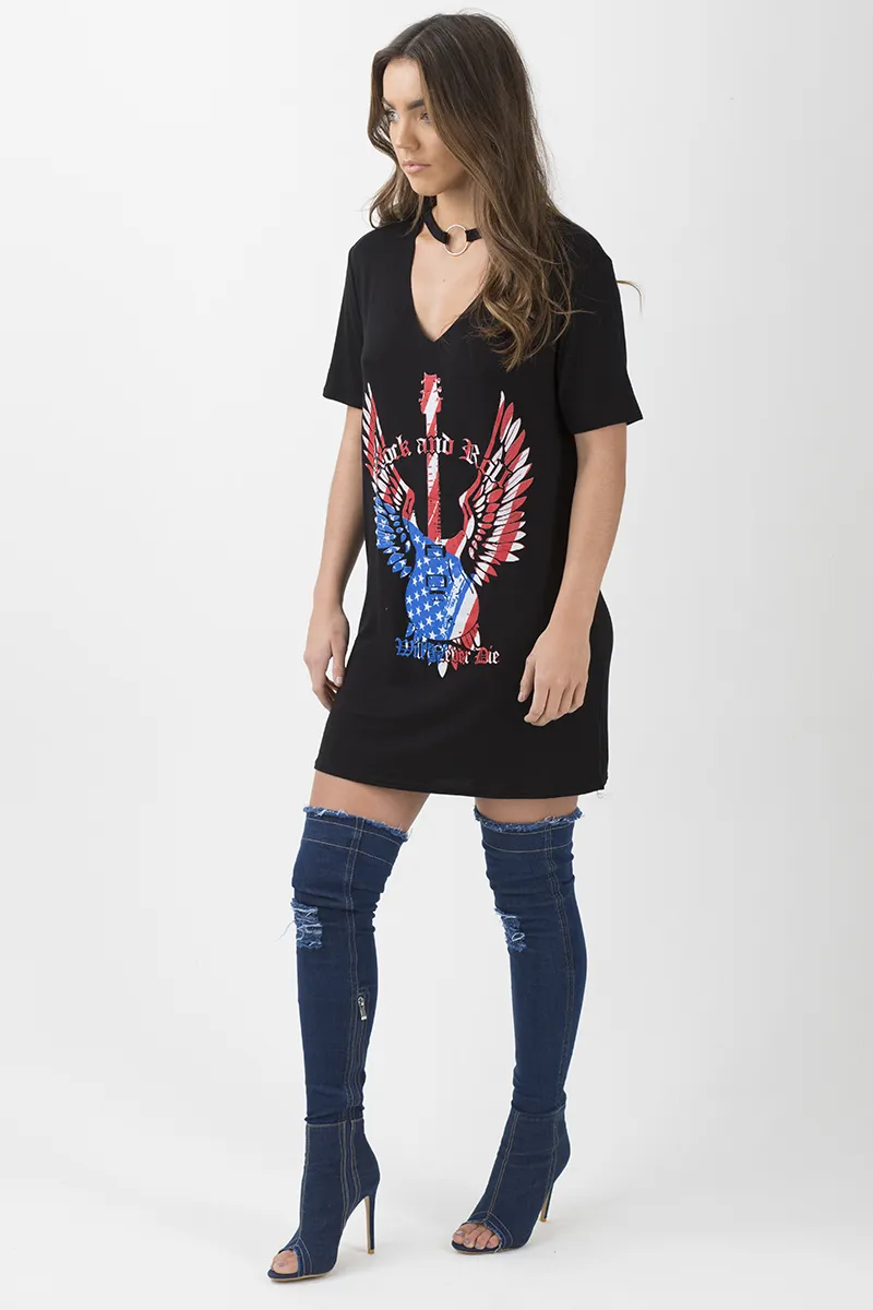 Black Ring Choker 'Rock & Roll' T-Shirt Dress - Betty