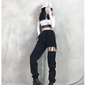 Blackpink Lisa Suspender Cutout Black Cargo Pants