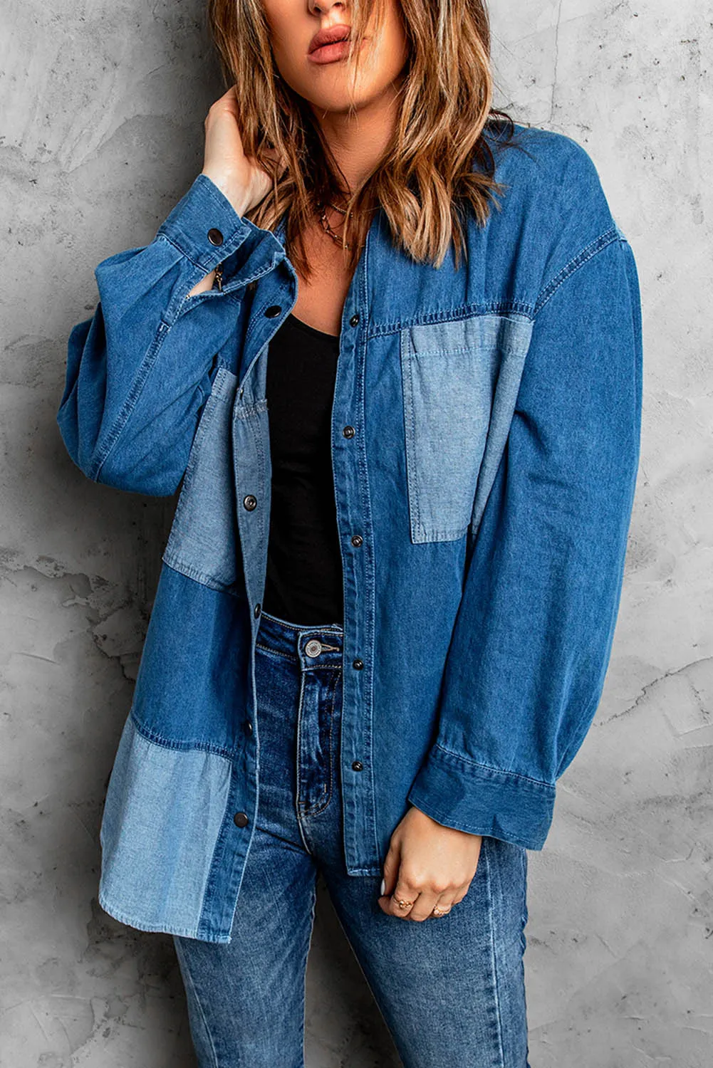 Blue Color Block Buttoned Denim Jacket