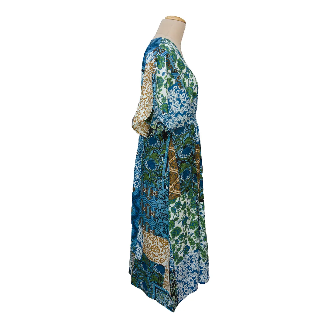 Blue Patchwork Print Cotton Smocked Maxi Dress Size 16-32 P243