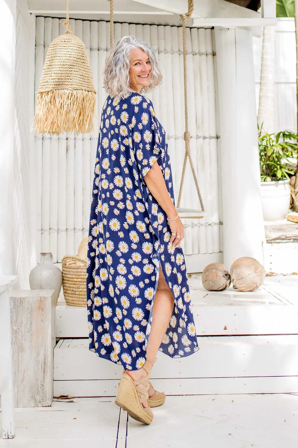 Blue Sunflower Long Kaftan Dress