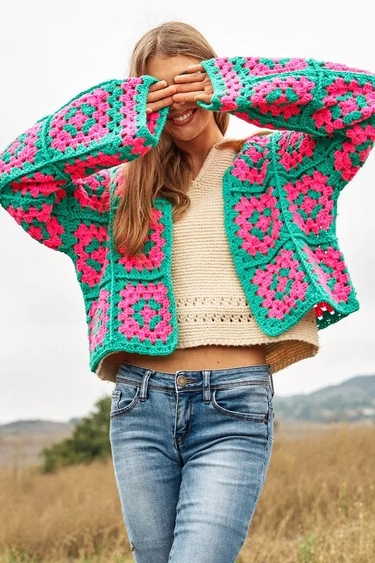 Bohemian Two-Tone Floral Square Crochet Open Knit Cardigan