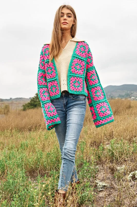 Bohemian Two-Tone Floral Square Crochet Open Knit Cardigan