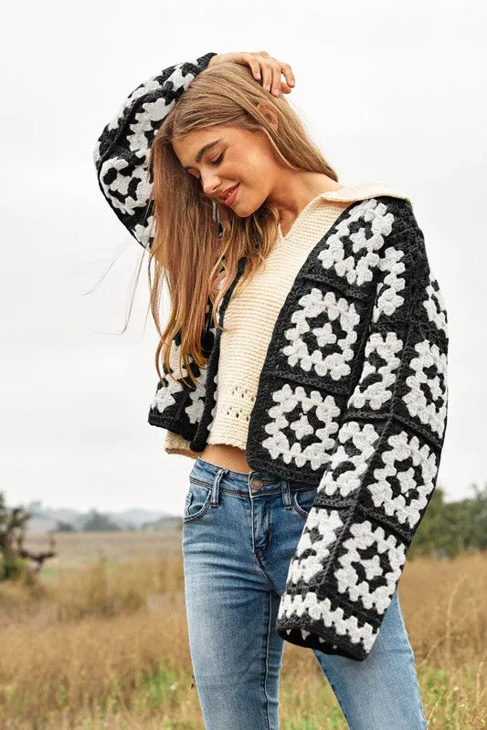 Bohemian Two-Tone Floral Square Crochet Open Knit Cardigan