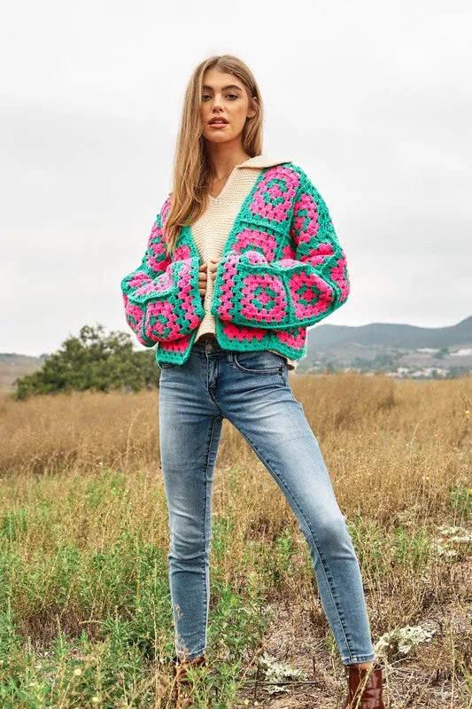 Bohemian Two-Tone Floral Square Crochet Open Knit Cardigan